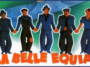 Détail de l'affiche "La belle équipe" de Julien Duviver (1936). Cinq ouvriers chômeurs parisiens, Jean, Charles, Raymond, Jacques, et un étranger, Mario, menacé d'expulsion, gagnent le gros lot de la loterie nationale. Ils décident de transformer un vieux lavoir en guinguette.